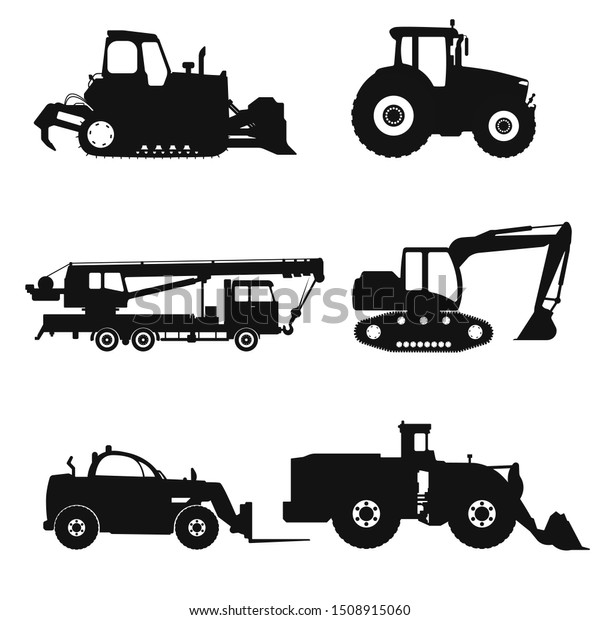 Special machinery, set of construction equipment.\
Collection of silhouettes of working equipment and cars. Black\
white vector illustration\
icon.