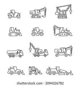 Special machinery tractor outline icons set isolated on white background. Construction machine transport collection. Bulldozer crane road roller excavator work auto sign symbol