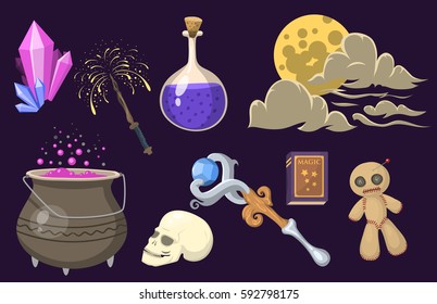 Special magic effect trick symbol magician wand and surprise entertainment fantasy carnival mystery tools cartoon miracle decoration vector illustration.