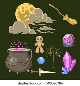 Special magic effect trick symbol magician wand and surprise entertainment fantasy carnival mystery tools cartoon miracle decoration vector illustration.