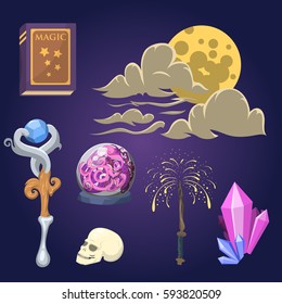 Special magic effect trick symbol magician wand and surprise entertainment fantasy carnival mystery tools cartoon miracle decoration vector illustration.