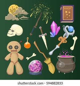 Special magic effect trick symbol magician wand and surprise entertainment fantasy carnival mystery tools cartoon miracle decoration vector illustration.