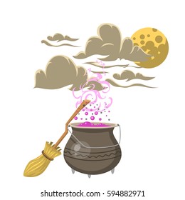 Special magic spell pot with broom trick symbol magician and surprise entertainment fantasy carnival mystery tools cartoon miracle decoration vector illustration