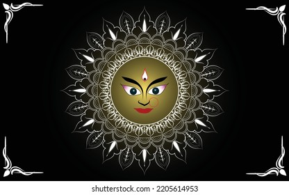 Arte de mandala especial con cara de ma Durga, Festival de Navratri Feliz, festival de religión bengalí, gran festival indio Durga puja banner o diseño de afiches con arte mandala tradicional 