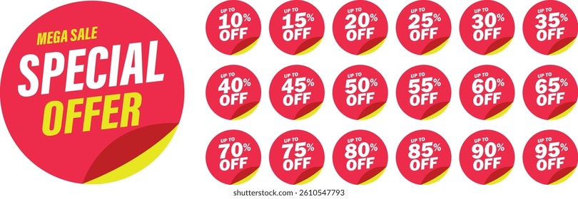 Special mega offer discount label icon set. Sale off percent, discount special offer price promotion tag, discount from 10 to 95 percent vector isolated on transparent background. Vector illustration.