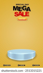 special mega sale discount portait template banner with blank space 3d podium for social media post product sale with abstract gradient yellow background design 17