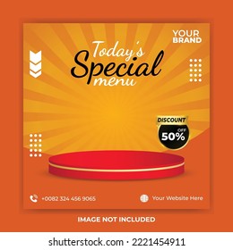 special menu social media post template with podium Merry christmas and happy new year with red gold podium and sunbrust yellow background