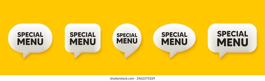 Etiqueta de menú especial. Conjunto de burbujas de voz de chat 3d. Oferta de comida de cocina. Menú del restaurante. Mensaje de voz de conversación de menú especial. Infografías de las tertulias. Vector