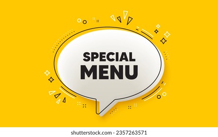 Etiqueta de menú especial. Banner amarillo de burbuja de voz 3d. Cocina. Menú de restaurante. Mensaje especial de burbuja de discurso de chat del menú. infografía de la caja de llamadas. Vector