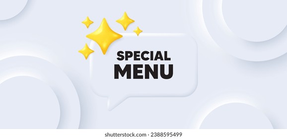 Etiqueta de menú especial. Fondo neutral con burbuja de habla de chat. Cocina. Menú de restaurante. Mensaje de voz especial del menú. Cartel con estrellas 3d. Vector