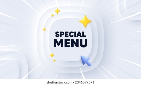Etiqueta de menú especial. Banner neumórfico con explosión de sol. Cocina. Menú de restaurante. Mensaje de menú especial. Cartel con cursor 3d. Plantilla neumórfica circular. Vector