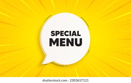 Etiqueta de menú especial. Pancarta de la burbuja del habla. Cocina. Menú de restaurante. Mensaje de conversación de chat de menú especial. El sol amarillo rota fondo. Vector