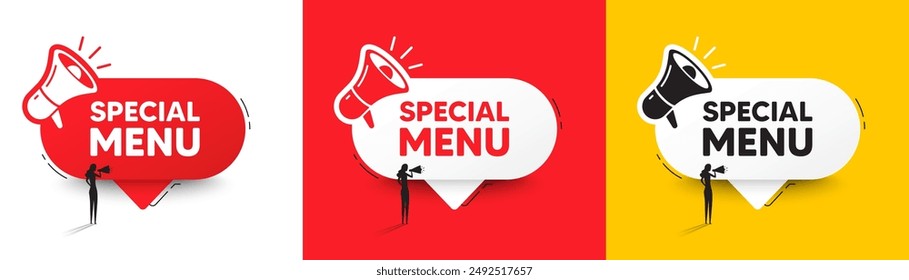 Special menu tag. Speech bubble with megaphone and woman silhouette. Kitchen food offer. Restaurant menu. Special menu chat speech message. Woman with megaphone. Vector