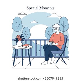 Special Moments concept. Relaxed individual enjoying coffee on balcony surrounded by nature. Serenity in urban living, peaceful break. Vector illustration.