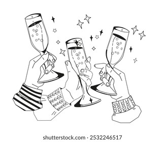 Special moments and holiday celebration with a toast and clinking glasses with friends and loved ones, flat vector illustration isolated on white background. Human hands raising glasses with alcohol.