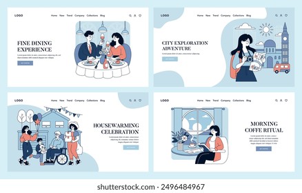 Special Moments set. Capturing life's milestones with illustrations of dining out, urban adventures, housewarming, and coffee rituals. Everyday joys and celebrations. Vector illustration.