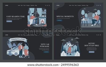 Special Moments set. Capturing life's precious occasions. Quiet balcony tea, cozy fireside reading, joyful car purchase, adventurous hiking trip. Vector illustration.