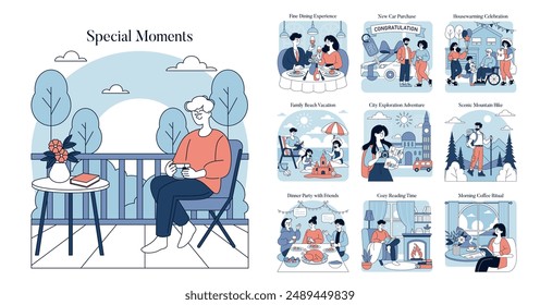 Special Moments set. Illustrations of life's cherished experiences, from serene solitude to festive gatherings. Relaxation, celebration, adventure, and daily rituals captured. Vector illustration.