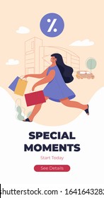 Special moments site banner template. Funny woman with shopping bags. Modern female funny character design over the mall and car linear illustration. 