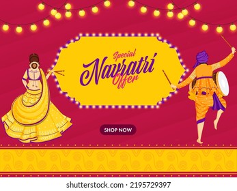 Special Navratri Offer Poster Design With Indian Woman Holding Dandiya Sticks, Drummer Man On Yellow And Red Background.