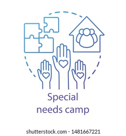 Special needs camp concept icon. Summer handicapped, charity club, community idea thin line illustration. Social aid, assistance organisation. Vector isolated outline drawing. Editable stroke