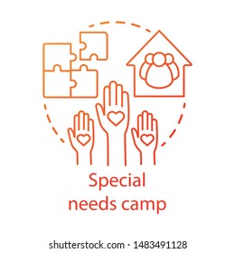 Special Needs Camp Concept Icon. Summer Handicapped, Charity Club, Community Idea Thin Line Illustration. Social Aid, Assistance Organisation. Vector Isolated Outline Drawing. Editable Stroke