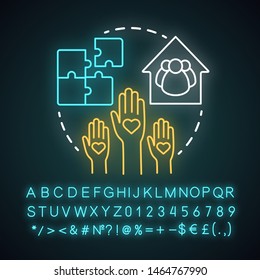 Special needs camp neon light concept icon. Summer handicapped, charity club, community idea. Social aid organisation. Glowing sign with alphabet, numbers and symbols. Vector isolated illustration