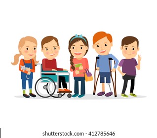 Special needs children with friends, friends and handicapped children. Vector illustration