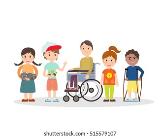 Special needs children with friends, friends and handicapped children. Vector illustration