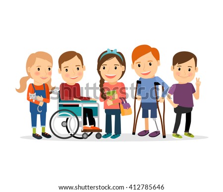 Special needs children with friends, friends and handicapped children. Vector illustration