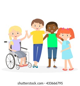 Special needs children with friends. Vector Illustration
