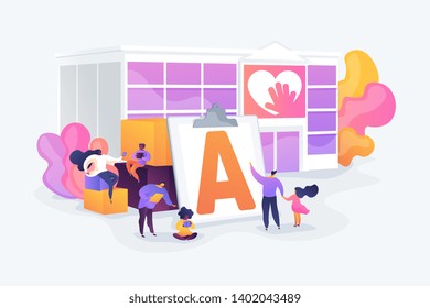 Special needs children rehabilitation school. Social workers, educators. Autism center, treatment of autism spectrum disorder, kids autism help concept. Vector isolated concept creative illustration