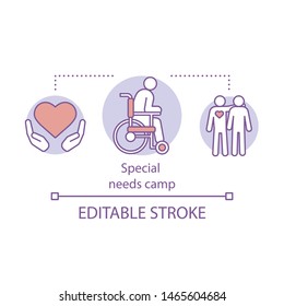 Special Needs, Handicap Camp Concept Icon. Summer Charity Club, Community Idea Thin Line Illustration. Social Aid, Assistance Organisation. Vector Isolated Outline Drawing. Editable Stroke