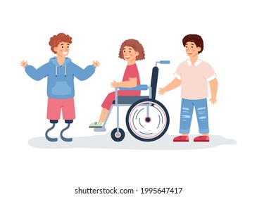 Spezielle Bedürfnisse behinderter Kinder mit Freunden, Cartoon, Vektorgrafik einzeln auf weißem Hintergrund. Eingliederung behinderter Kinder in das moderne Gesellschaftskonzept.