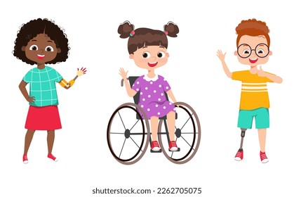 Special needs handicapped children with friends. Inclusive education. Girl in a stroller, amputee kids. Disabled kids inclusion at modern society concept. Cartoon vector illustration 