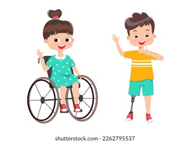 Special needs handicapped children with friends. Girl in a stroller, boy with an amputated leg. Disabled kids inclusion at modern society concept. Cartoon vector illustration 