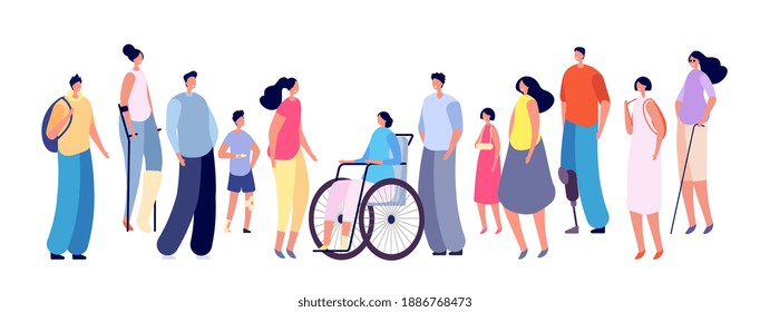 Special needs people. Disabled person in wheelchair, modern medicine for handicap. Diverse friends together, man woman kid group vector set