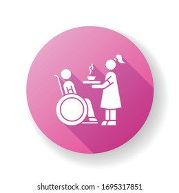 Special needs pink flat design long shadow glyph icon. Social worker help senior person. Disabled man in wheelchair. Woman feeding hospital patient. Silhouette RGB color illustration