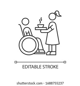 Special needs pixel perfect linear icon. Social worker help senior person. Disabled in wheelchair. Thin line customizable illustration. Contour symbol. Vector isolated outline drawing. Editable stroke