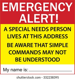 Special Needs resident Alert/ Advisory sticker /card. May be used as door/ window sticker or id