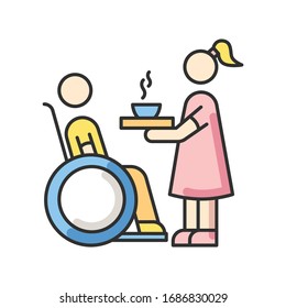 Special needs RGB color icon. Social worker help senior person. Disabled man in wheelchair. Woman feeding hospital patient. Assistance for elder man in chair. Isolated vector illustration