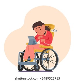 Niña Estudiantil Con Necesidades Especiales Usando Una Tableta Mientras Está Sentada En Una Silla De Ruedas. La Imagen De Vector De Dibujos Animados Destaca La Educación, Accesibilidad E Inclusión Para Los Estudiantes Con Discapacidades En Un Entorno De Aprendizaje