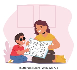 Special Needs Student Reading A Braille Book With A Teacher, Fostering Education And Inclusion. Cartoon Vector Scene Emphasizes Supportive Learning And Accessibility For Visually Impaired Individuals