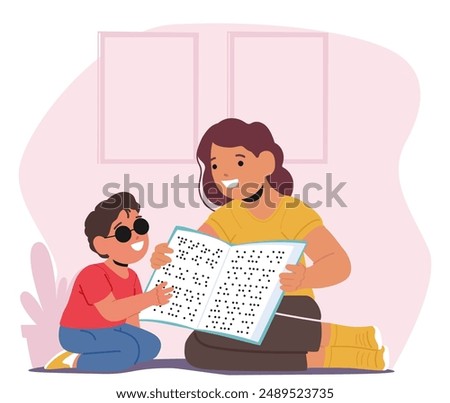 Special Needs Student Reading A Braille Book With A Teacher, Fostering Education And Inclusion. Cartoon Vector Scene Emphasizes Supportive Learning And Accessibility For Visually Impaired Individuals