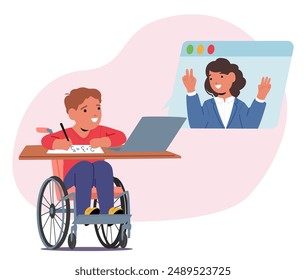 Special Needs Student In A Wheelchair Engaging In An Online Learning Session With A Happy Teacher. School Boy Actively Participating And Writing On Paper, Reflecting Joy And Inclusivity In Education