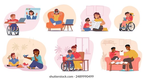 Special Needs Students Engaging In Various Educational And Recreational Activities. Vector Illustration Depicts Learning, Creativity And Inclusion, Showcasing The Importance Of Support And Interaction