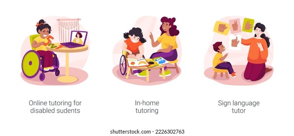 Special needs students tutoring isolated cartoon vector illustration set. Online tutoring for disabled students, in-home education, sign language teaching, video conference vector cartoon.