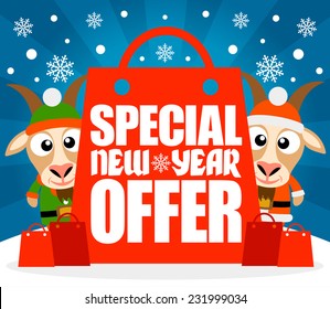  Special New Year Offer card with funny goats ,vector