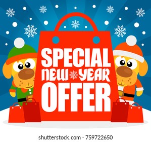  Special New Year Offer card with funny dogs.Vector illustration