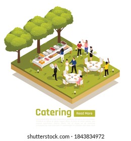 Special occasions corporate barbecue outdoor catering service website isometric element with natural park wedding ceremony vector illustration 